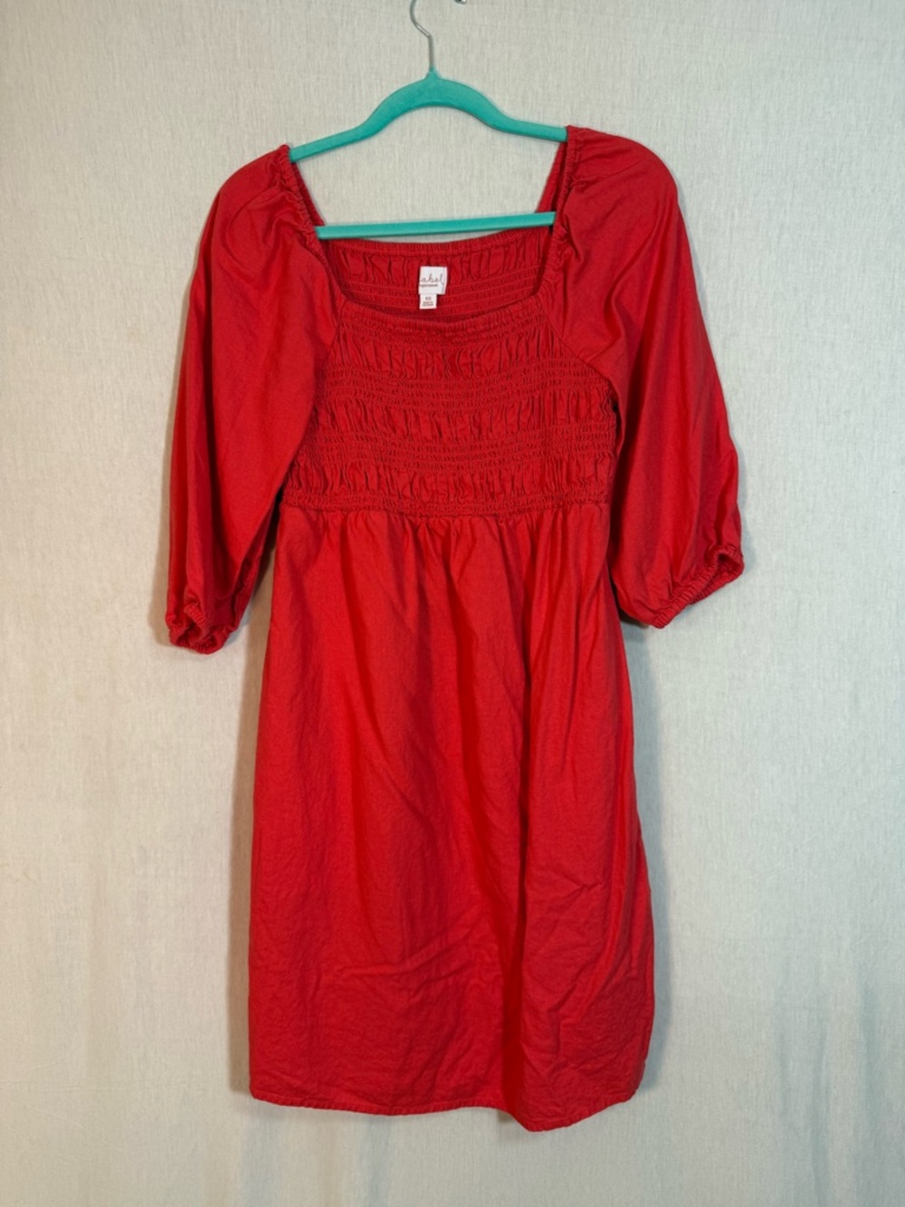 Isabelle Linen blend Coral/Red Smocked Square-Neck Dress Size XS